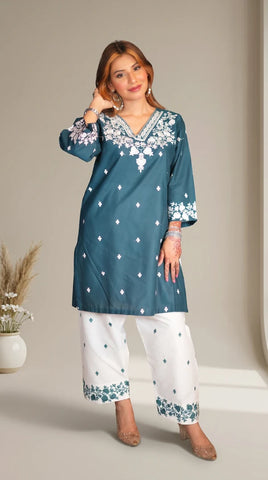 2-Piece Embroidered Stitched Suit — Dark Teal Blue Shirt with White Trouser & White Embroidery