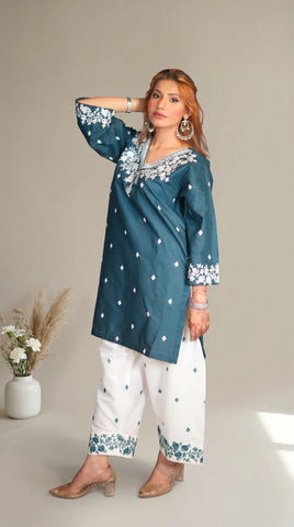 2-Piece Embroidered Stitched Suit — Dark Teal Blue Shirt with White Trouser & White Embroidery