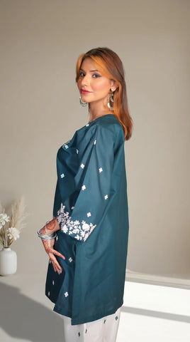 2-Piece Embroidered Stitched Suit — Dark Teal Blue Shirt with White Trouser & White Embroidery
