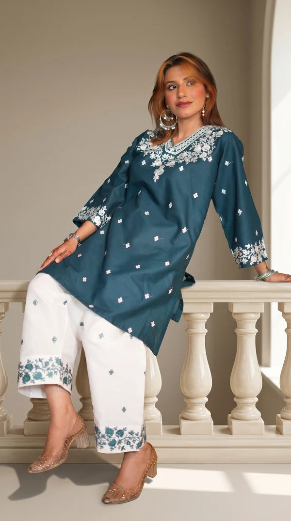 2-Piece Embroidered Stitched Suit — Dark Teal Blue Shirt with White Trouser & White Embroidery