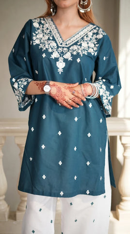 2-Piece Embroidered Stitched Suit — Dark Teal Blue Shirt with White Trouser & White Embroidery