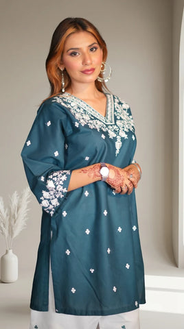 2-Piece Embroidered Stitched Suit — Dark Teal Blue Shirt with White Trouser & White Embroidery